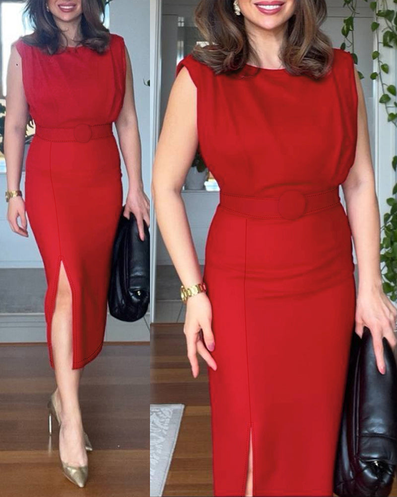 Women sleeveless career dress with pleated shoulders and slits 3