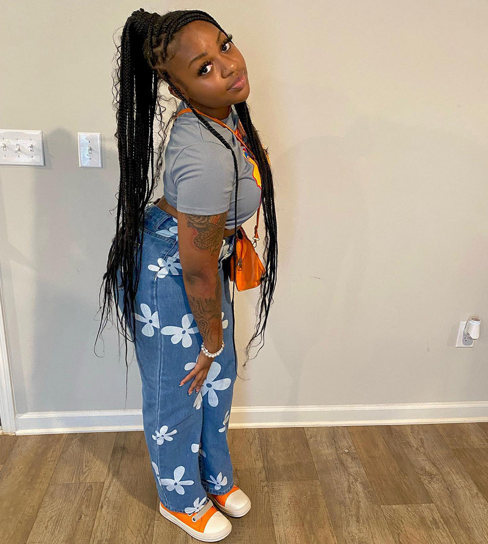 Women Casual Floral Print Denim Pants 4