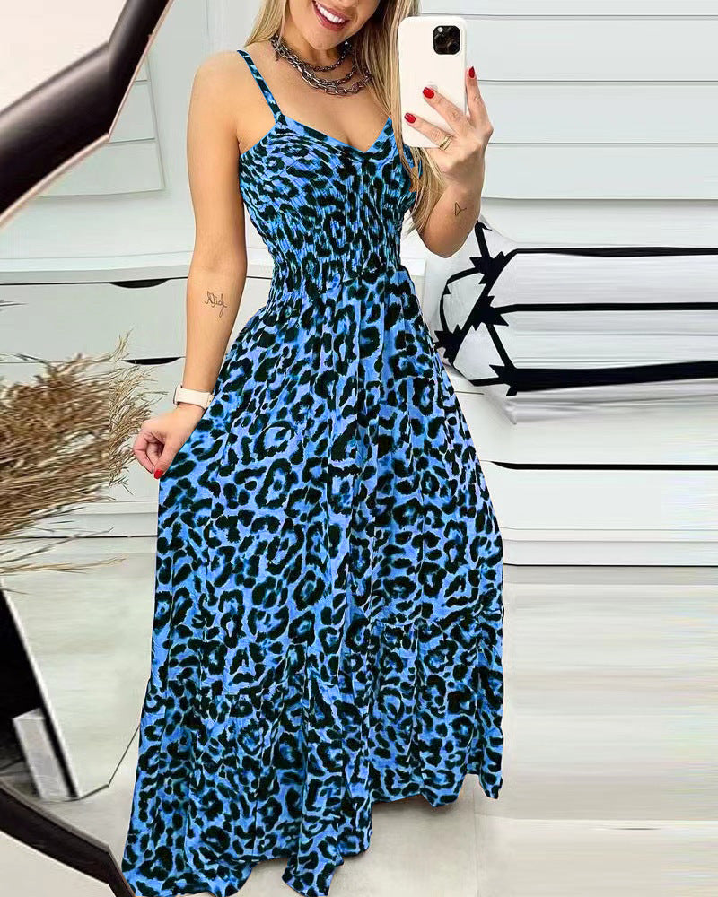 Summer Leopard Print V Neck Dress High Waist Sexy Chic Fashion Long Dress 9