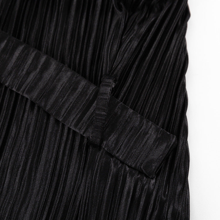 Women's Autumn Round Neck Belt Bell Bottom Long Sleeve Long Pleated Dress 27