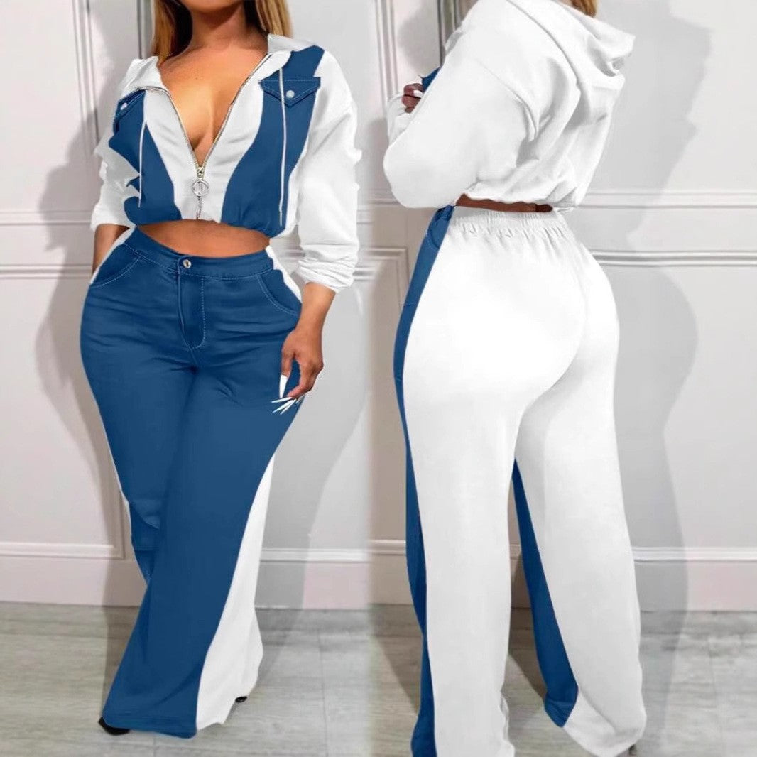 Women Sporty Casual Denim Contrast Zippered Jacket and Wide-Leg Pants Two-Piece Set