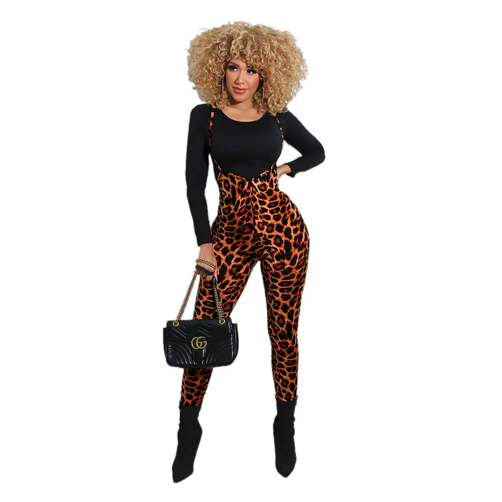 Spring Printed Long-Sleeved Slim Fit Women's Strap Casual Two Piece Pants Set 42