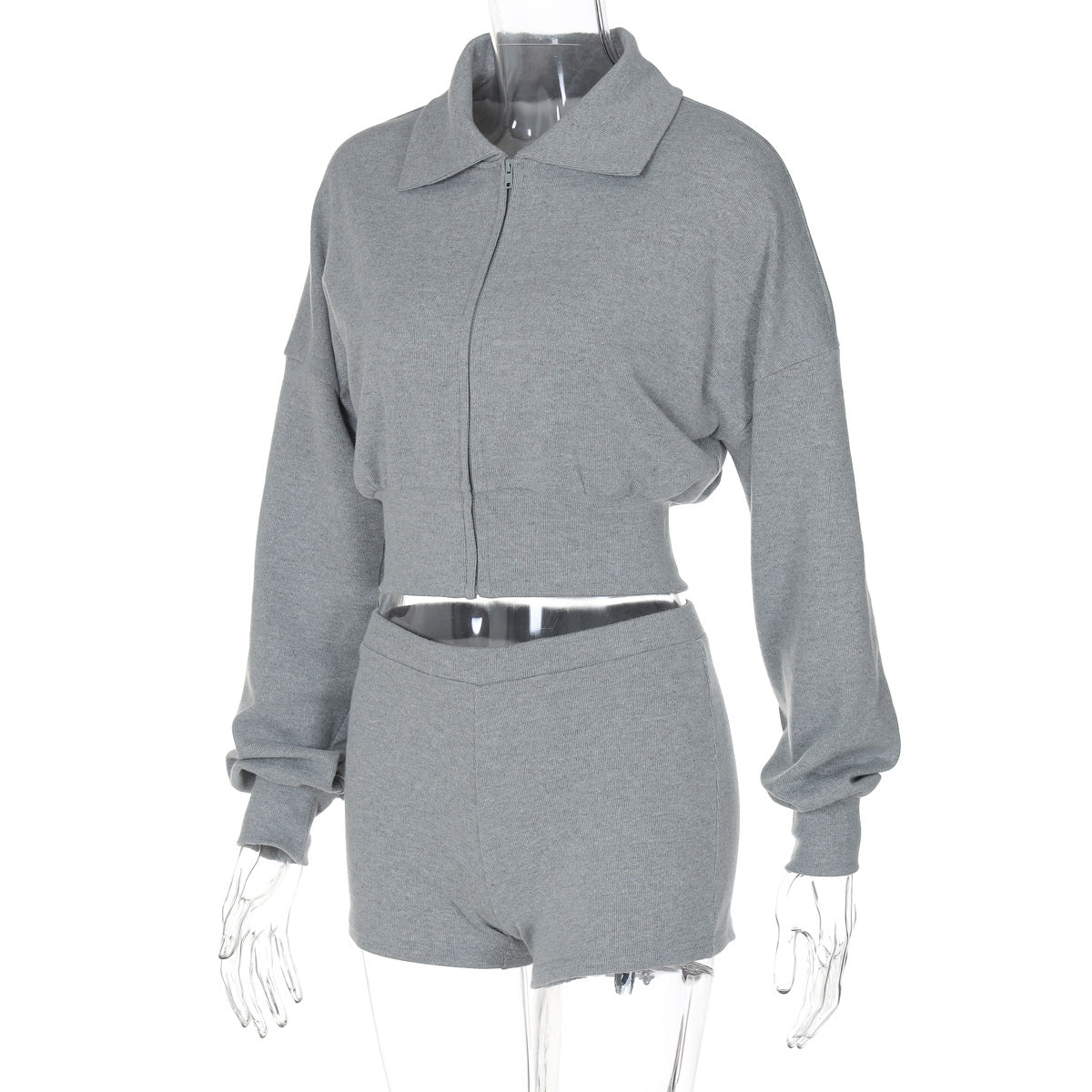 Fashion Women's Autumn Turndown Collar Long Sleeve Zipper Top Tight Fitting Shorts Two Piece Set 9