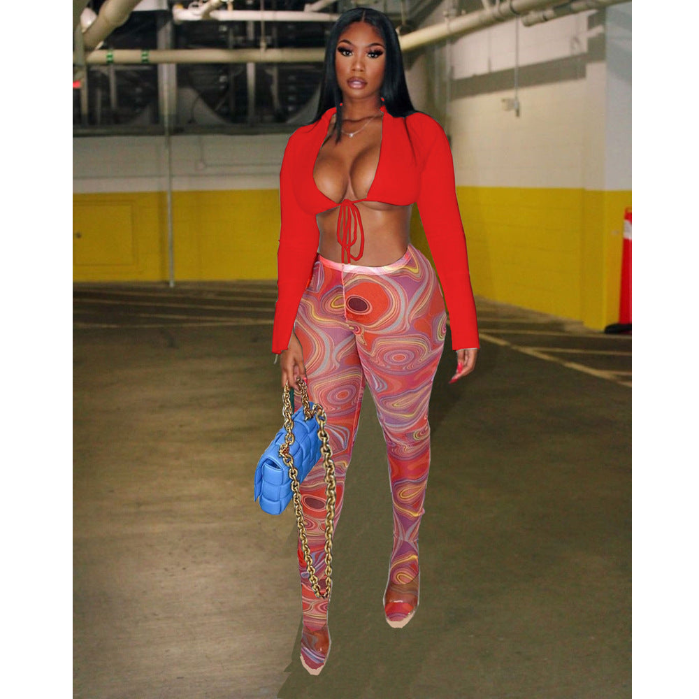 Sexy Solid Color Lace-Up Top Printed Tight slim pants two piece set 8