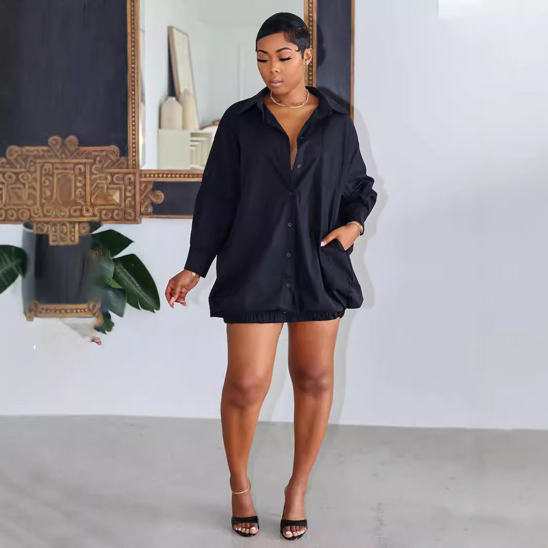 Women Autumn Solid Color Button Loose Shirt Dress 9