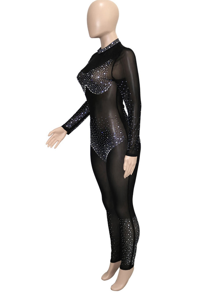 Autumn Black Beading Sexy Mesh Long Sleeve Party Jumpsuit 5