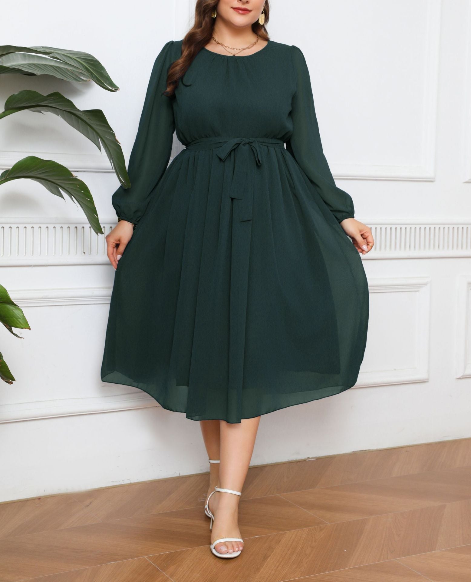 Long Sleeve Plus Size Women's Solid Chiffon Dress 6