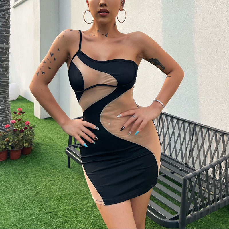 Women Slash Shoulder Sexy See-Through Mesh Bodycon Dress