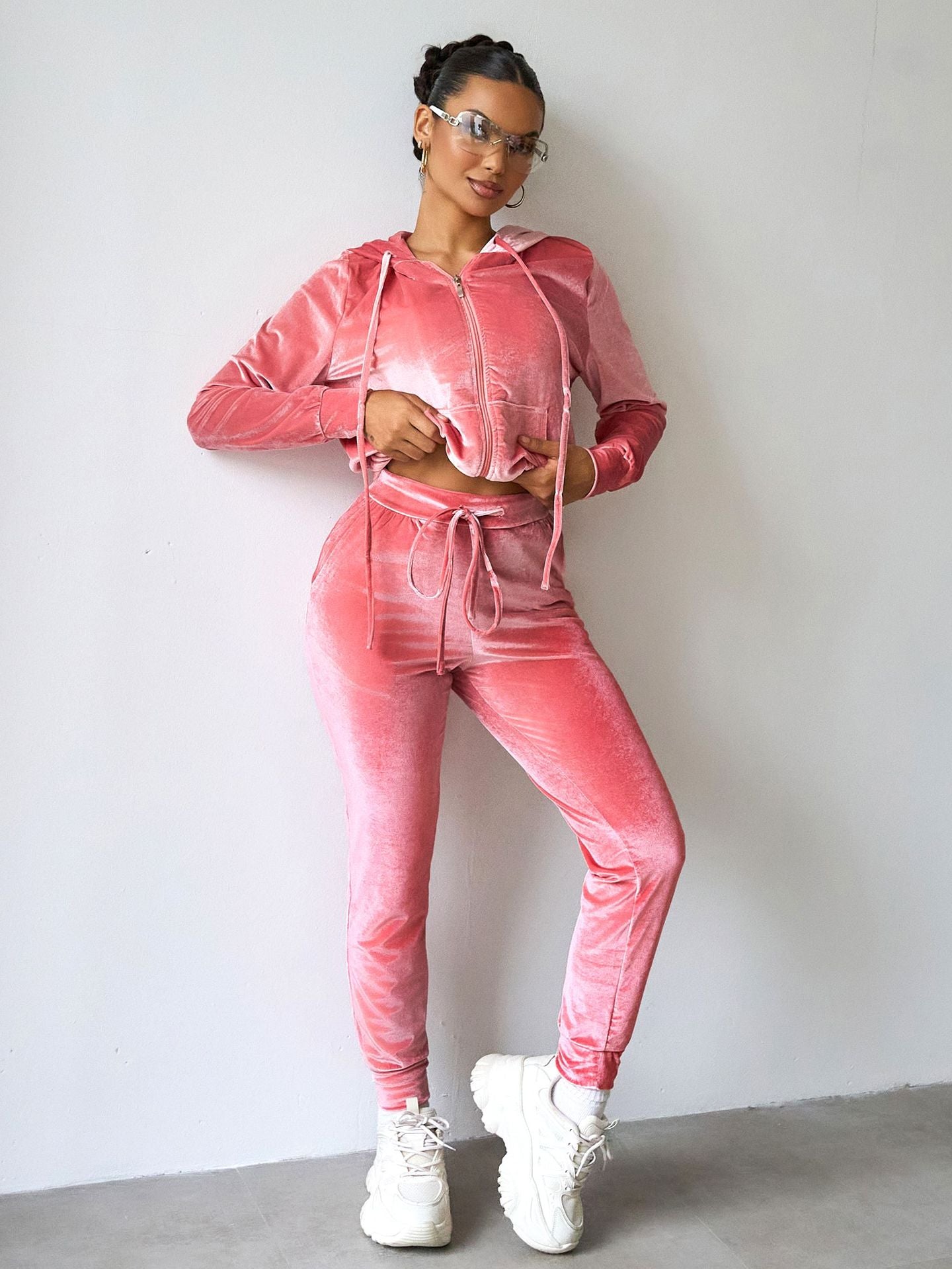 Fashion Velvet Hooded Zipper Hoodies Elastic Waist Trousers Two-Piece Set 5