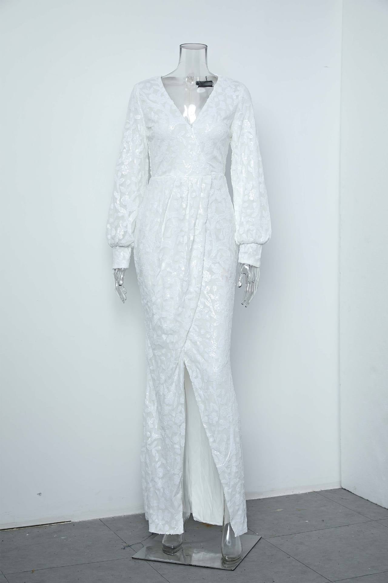 Women's Chic Deep V-Neck Long Sleeve Solid Color Slit Bridesmaid Dress Sequin Formal Party Evening Gown 8