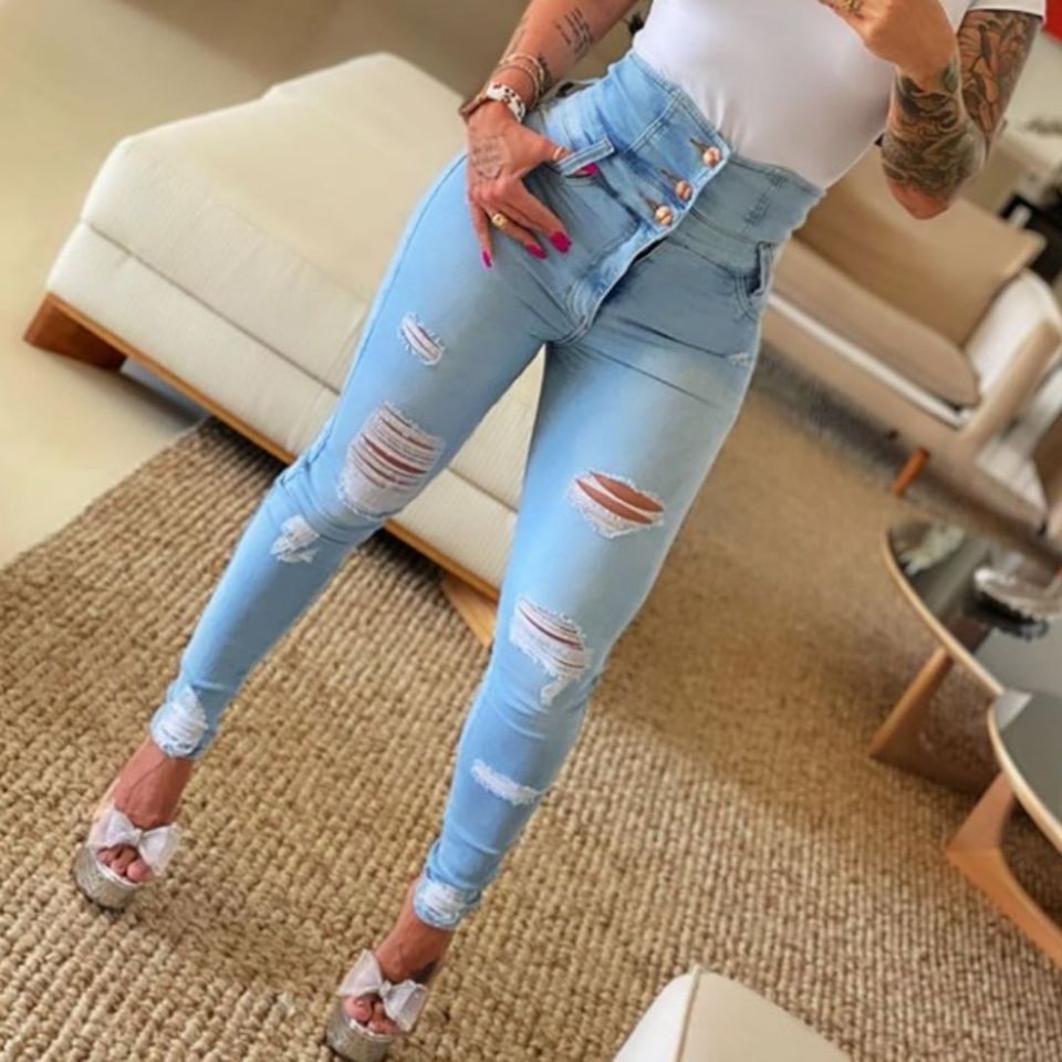 Fall High Waist Slim Fit Denim Pants Women's Ripped Tight Jeans 4