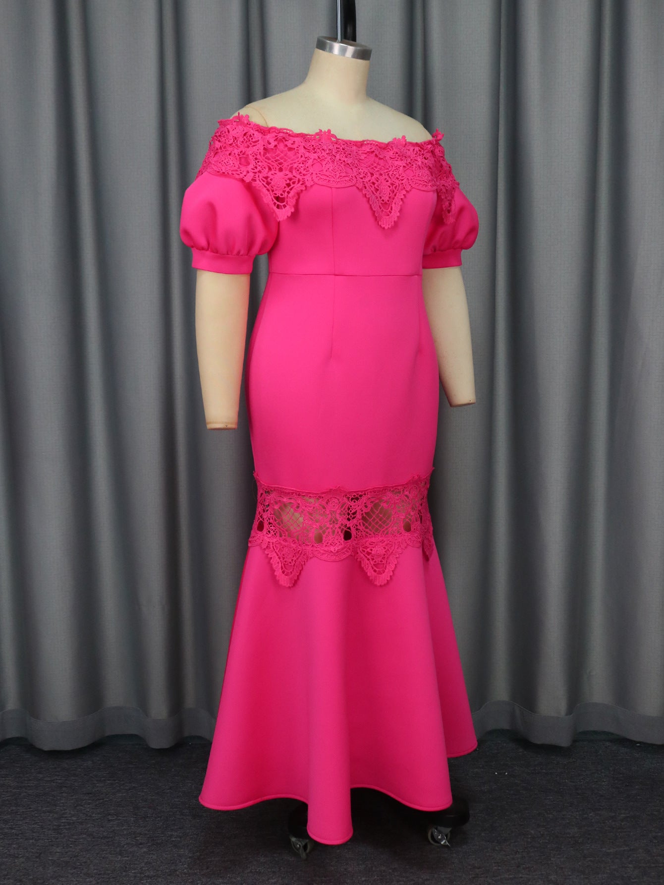 Women Puff Sleeve Off Shoulder Party Formal Party Lace Dress 4