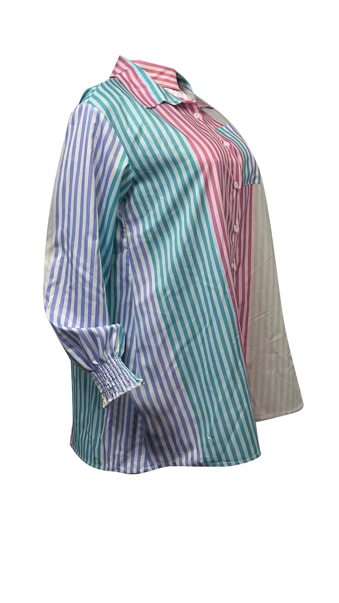 Women Loose Striped Print Long Sleeve Shirt 4