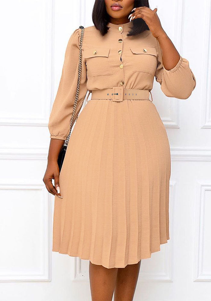 Women Solid Casual Pleated Belt Dress