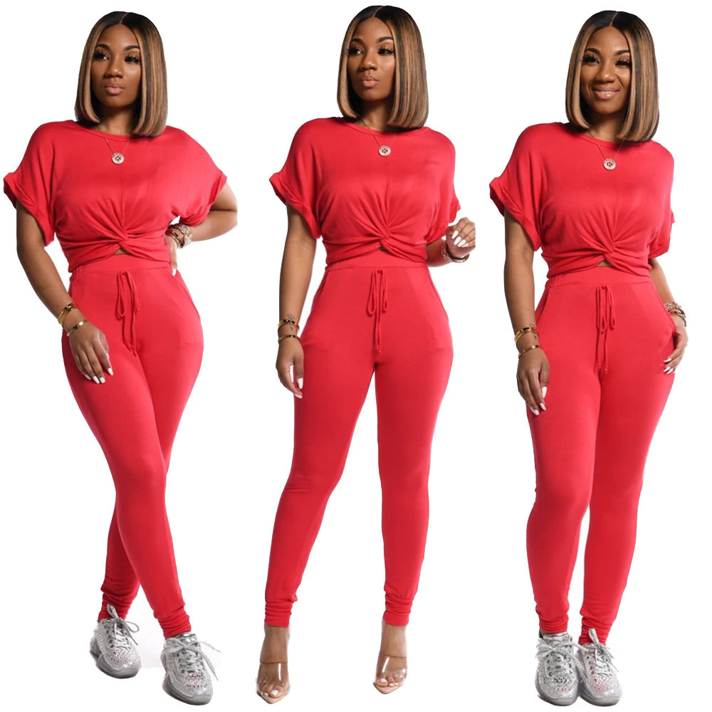 Solid Color Short-Sleeved Sports Casual Women's Two Piece Pants Set 9