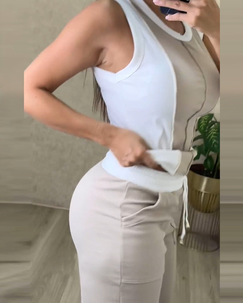 Women's Contrast Color Patchwork Ribbed Casual Sleeveless Two Piece Pants Set 3