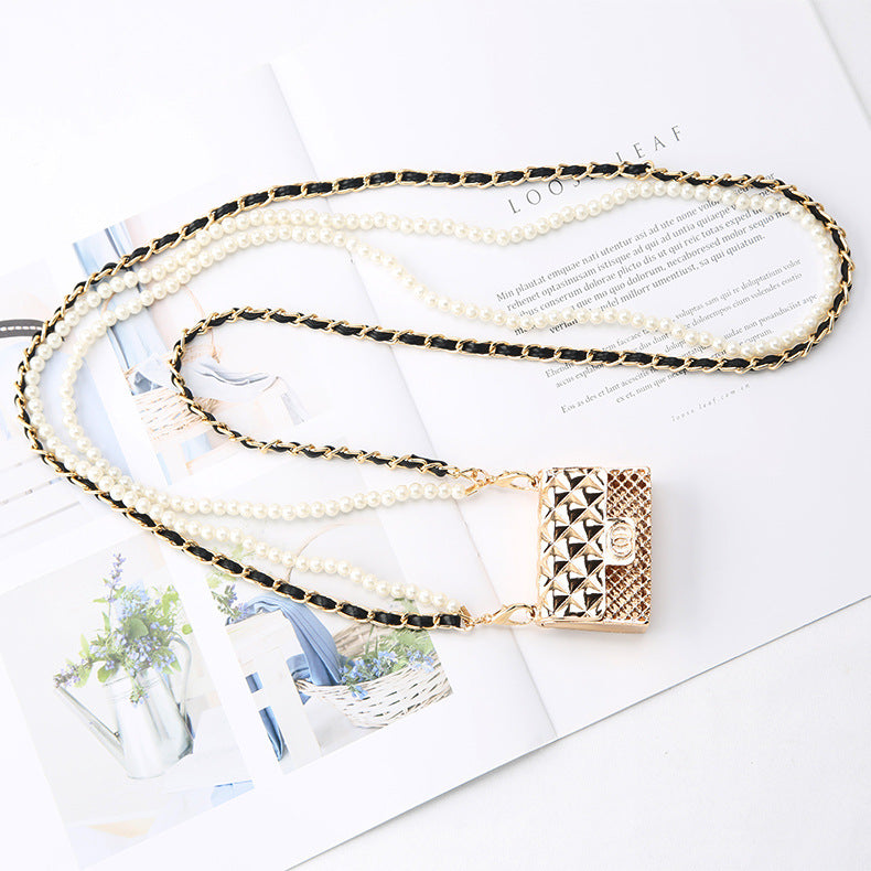 Women Hollow Diamond Earphone Bag Pearl Chain Waist Bag 9