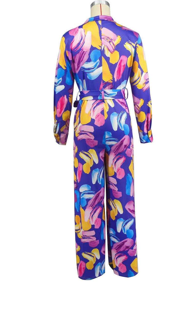 Women's Fashion Printed Long Sleeve High Waist Casual Wide Leg Jumpsuit 8