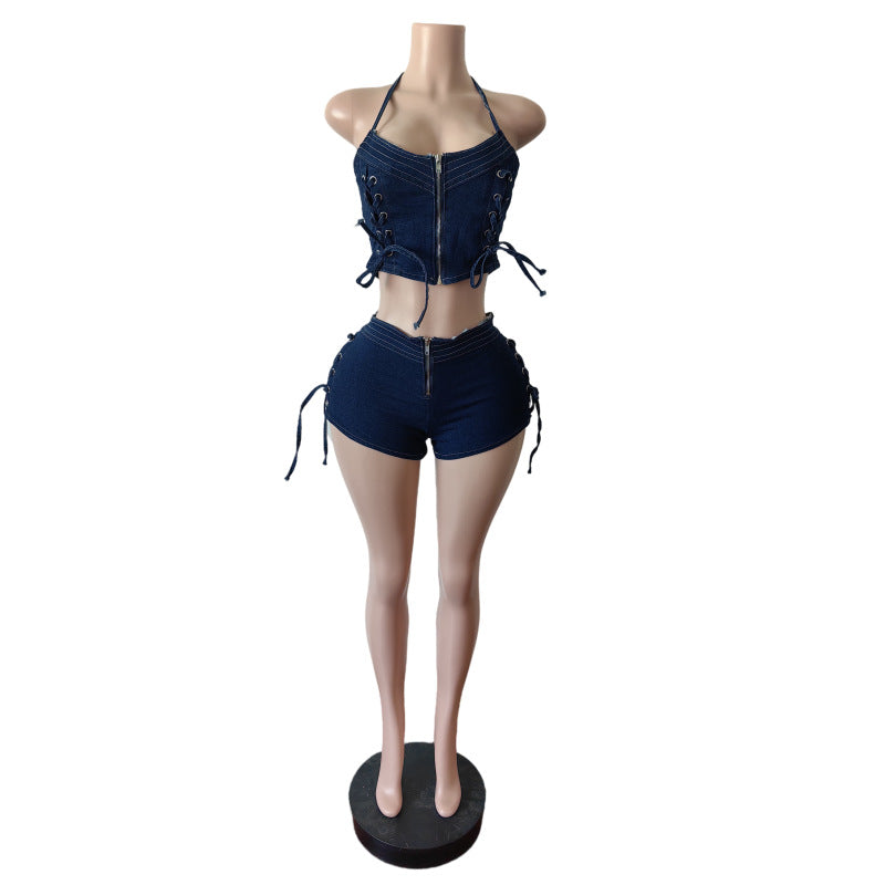 Women Lace-Up Vest AndStretchy Denim Shorts Two-Piece Set 8