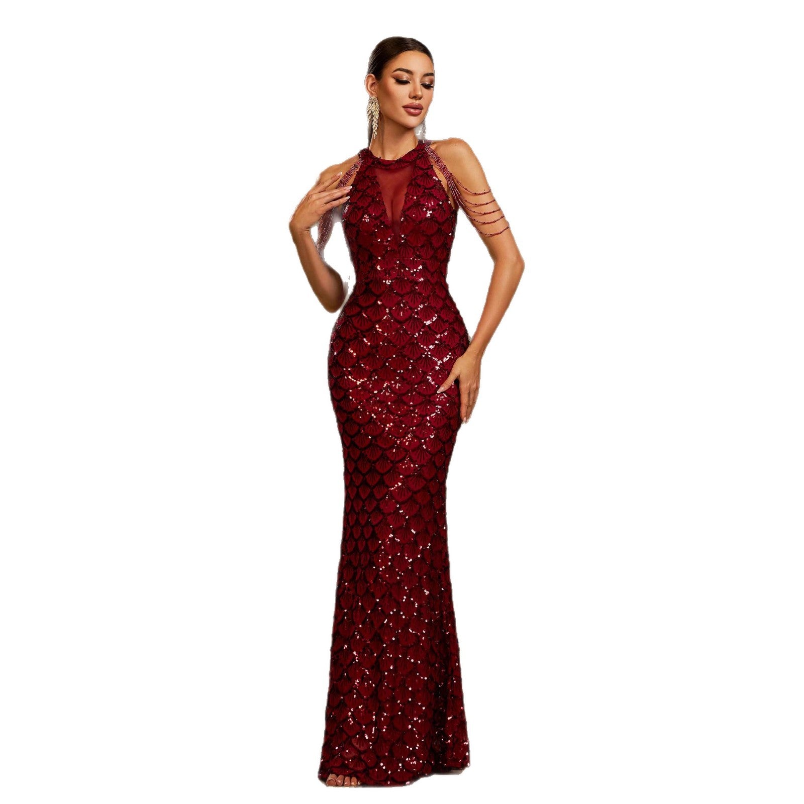 Women Sleeveless Round Neck Sequined Bodycon Formal Party Mermaid Evening Dress 6