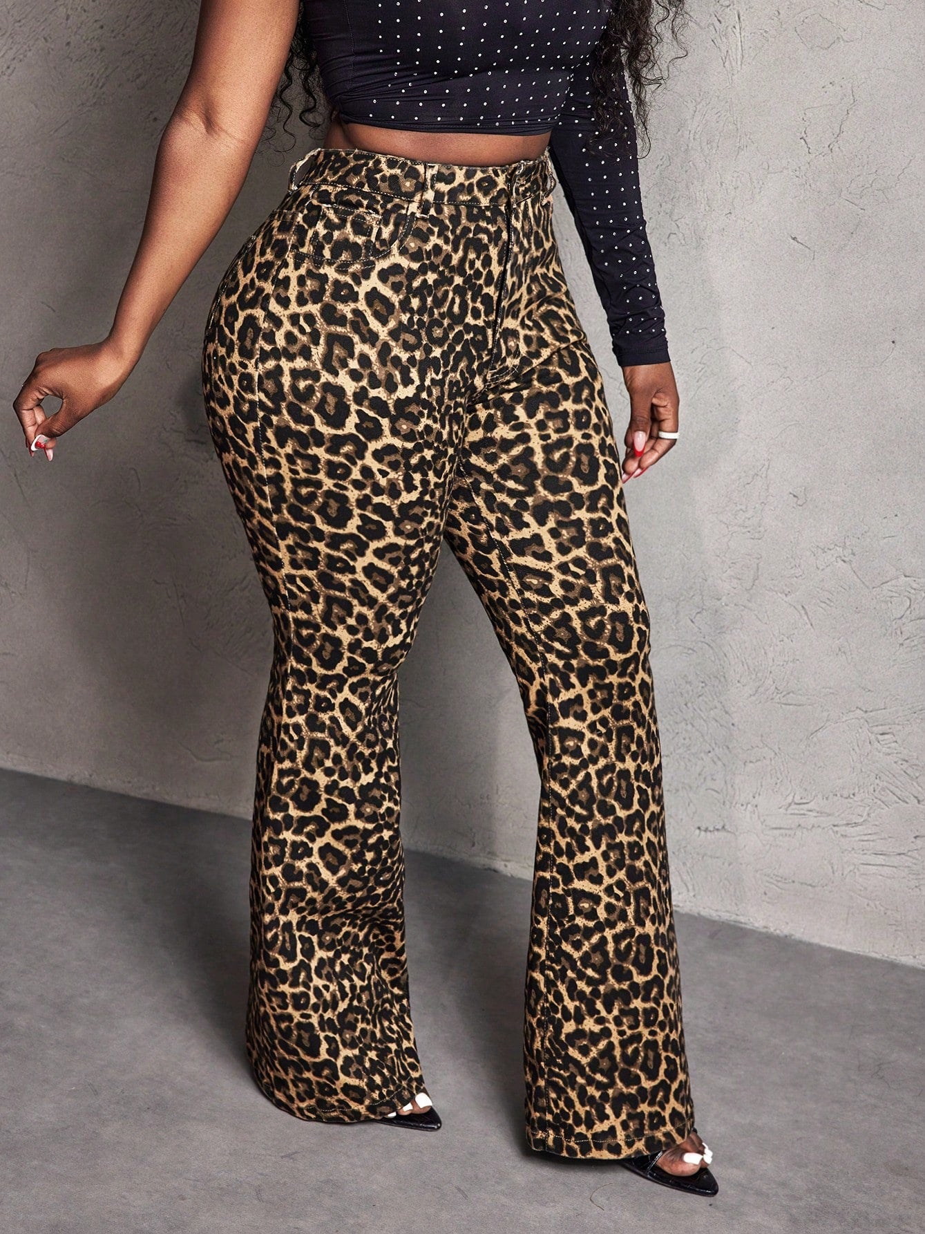 Women Stretchy Leopard Print Bell Bottom Denim Pants 4