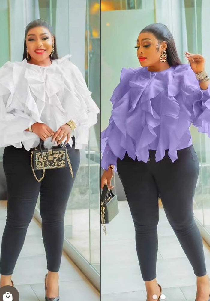 Women Round Neck Irregular Lotus Long Sleeve Casual Top Shirt