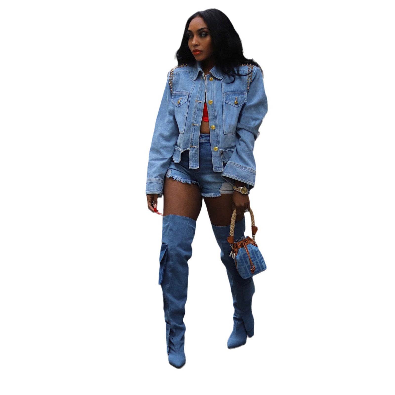 Women Drilled Shirt Collar Long Sleeve Denim Jacket 6