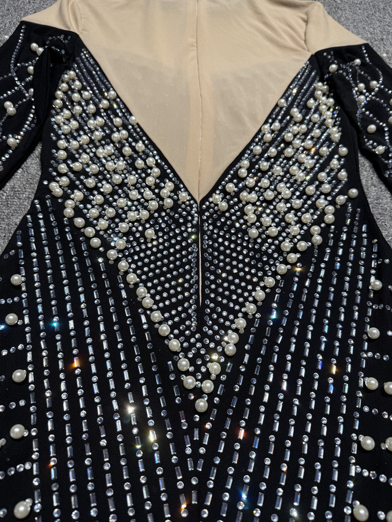 Women See-Through Sexy Beaded Pearl Contrast Long Sleeve Dress 19