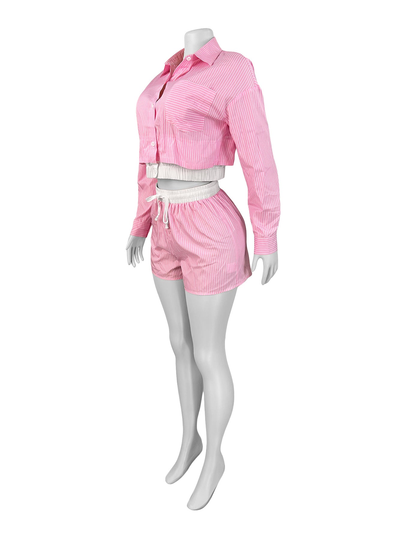 Women Turndown Collar Striped Long Sleeve Shirt Patchwork Shorts Two Piece Set 6