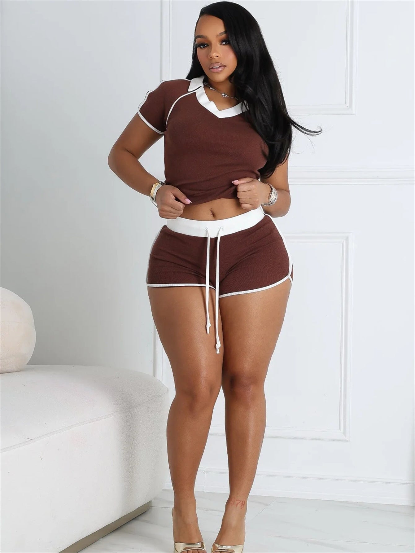 Women's Summer Sports Short-Sleeved Top Drawstring Shorts Set