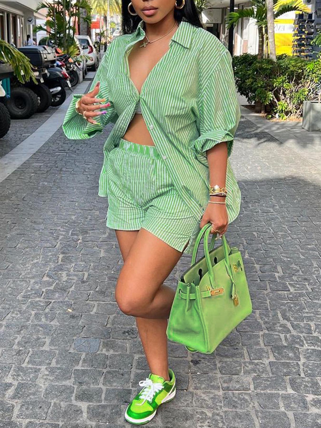 Women Spring Summer Holidays Long Sleeve Shirt Striped Shorts Two Piece Set