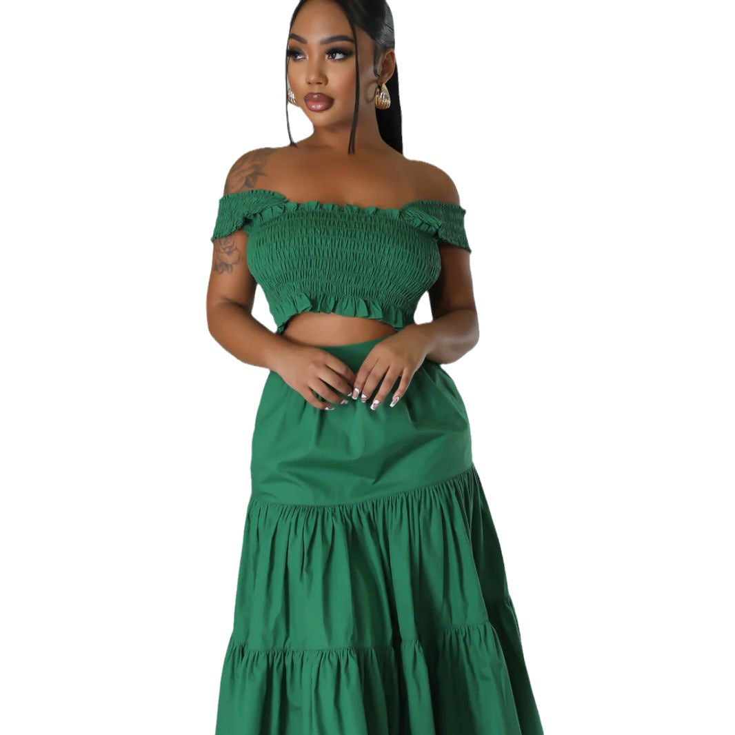 Summer Sexy Suspenders Two-piece Pleated Strapless Top High Waist Trendy Sexy Swing Skirt Set 7