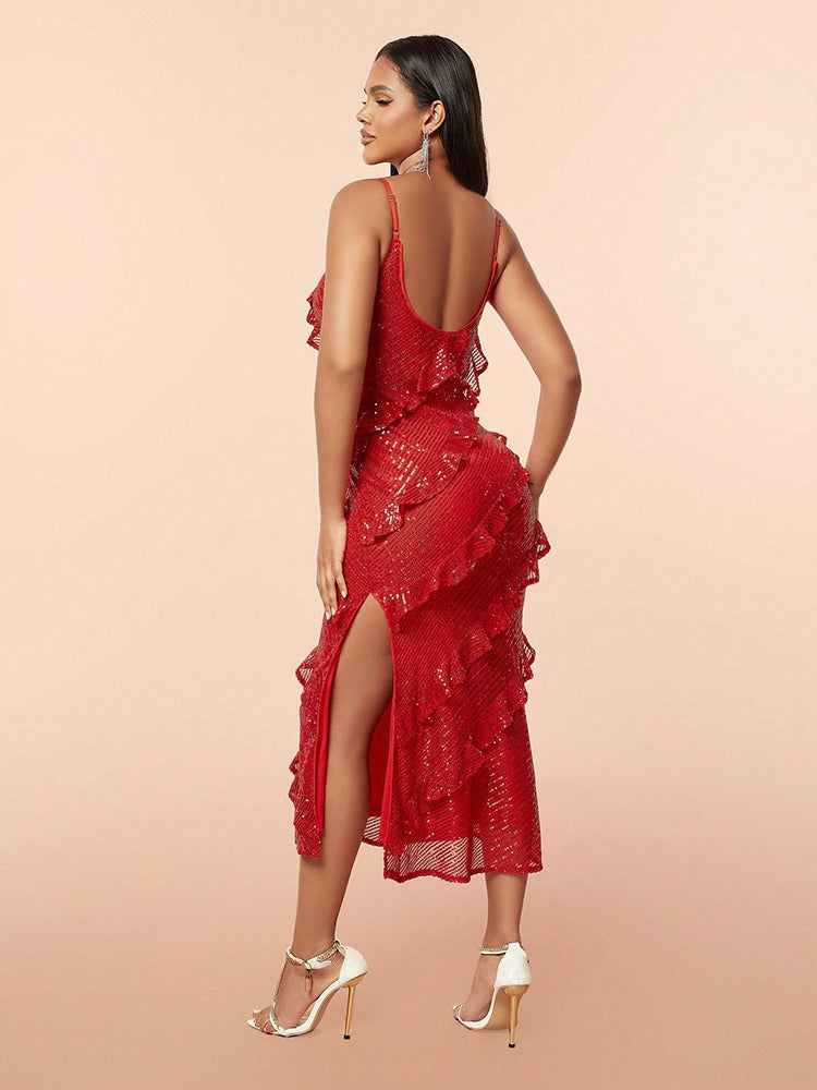 Summer Women Sexy Sequin Backless Suspender Maxi Dress 5