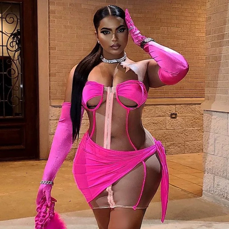 Women See-Through Zipper Hollow Lace-Up Sexy Backless Bodycon Dress 6