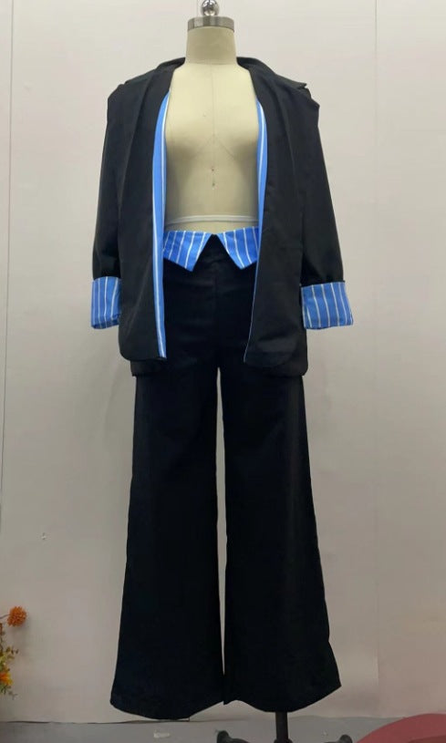 Autumn Fashion Turndown Collar Striped Coat Pants Chic Suit 7