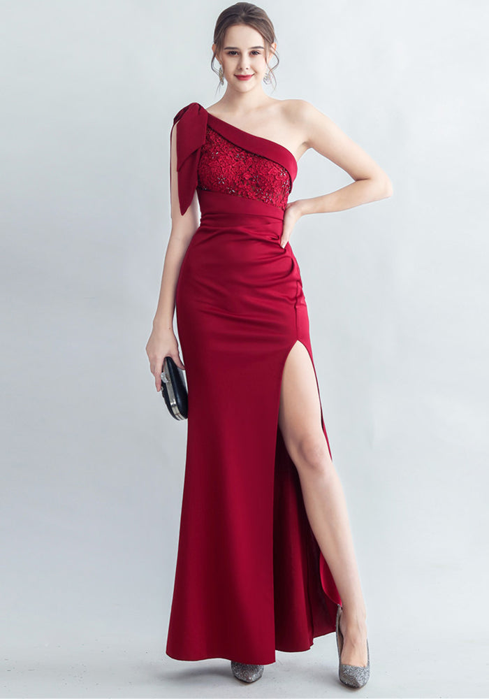 Lace Beaded Slash Shoulder Formal Party Side Slit Evening Gown