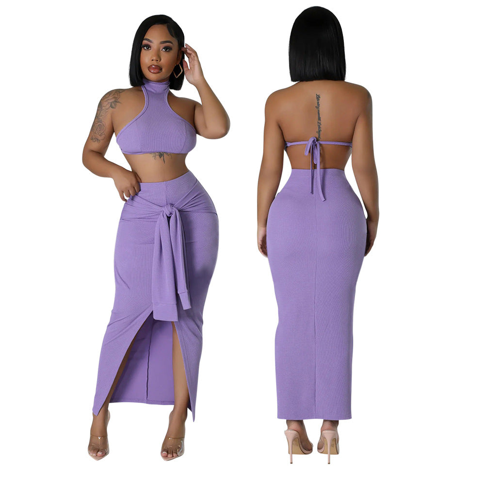 Fashion casual summer solid color sleeveless halter backless two piece skirt set 3