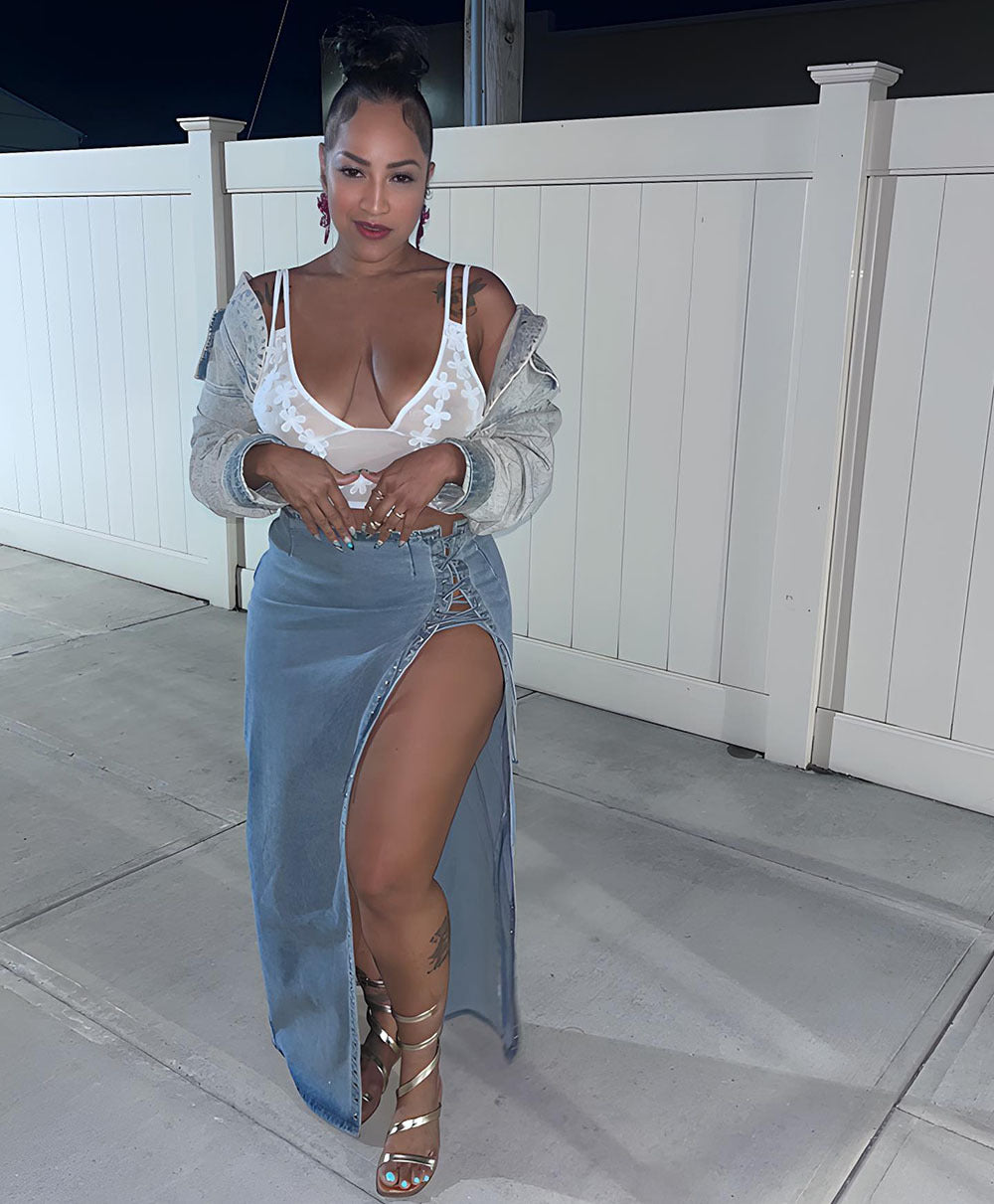 Women tie-dye slit Denim skirt 3