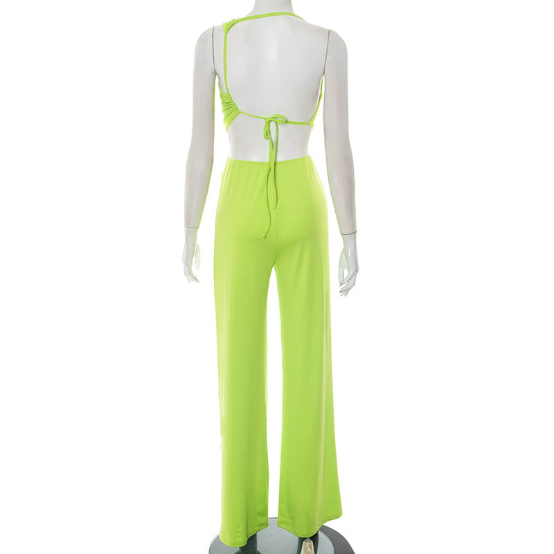 Women's spring and summer hollow Slash Shoulder gathered ring Patchwork long Jumpsuit 10