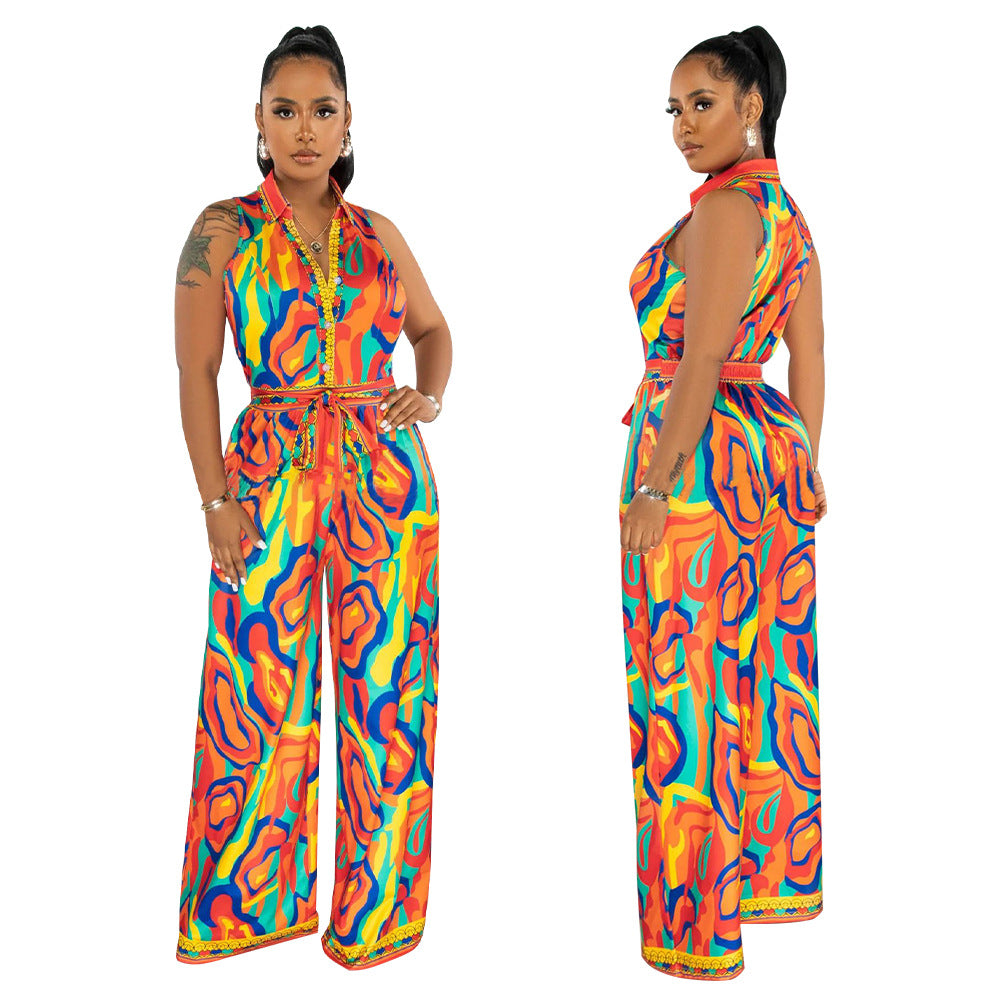 Women's Summer Print Sleeveless V Neck Wide Leg Jumpsuit 8