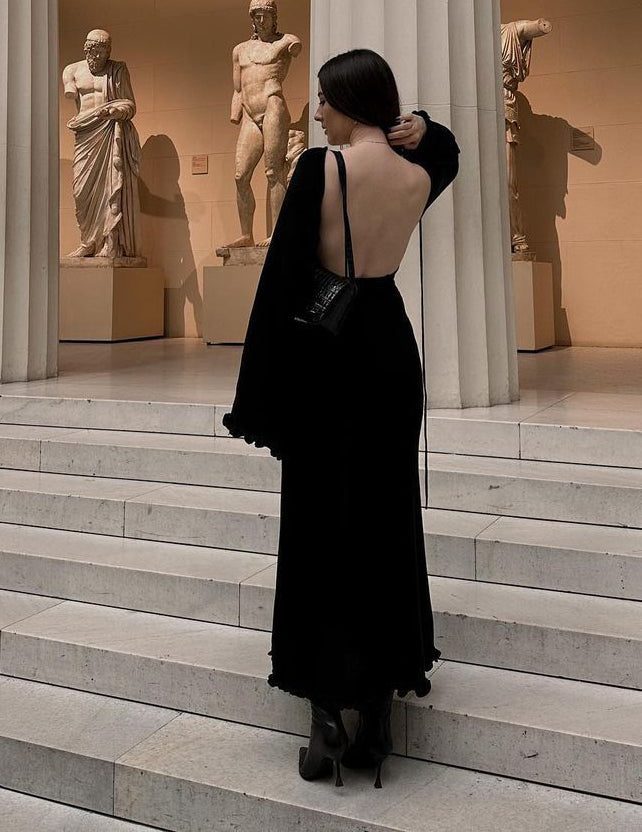 Women Sexy Backless Belt Bottom Sleeve Ruffle Edge Dress