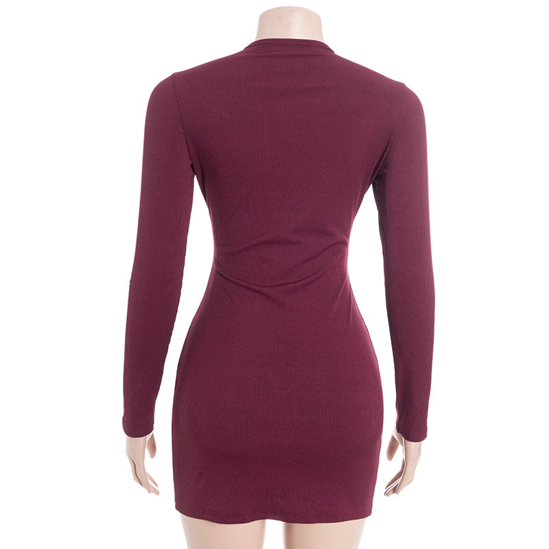 Women Round Neck Cut-Out Knot Long-Sleeved Solid Bodycon Dress 8