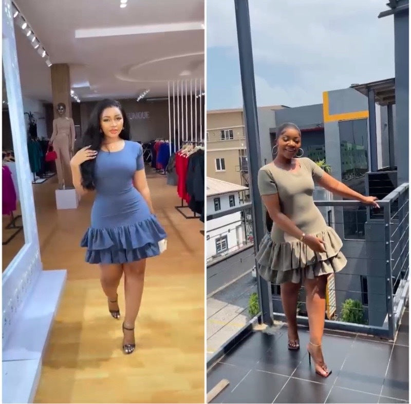 Women Short Sleeve Round Neck Lace-Up Ruffle Bodycon Dress 5