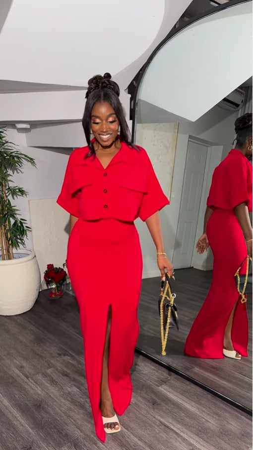 Women's Summer Turndown Collar Fake Pocket Shirt Top Slim Slit Skirt Two Piece Set