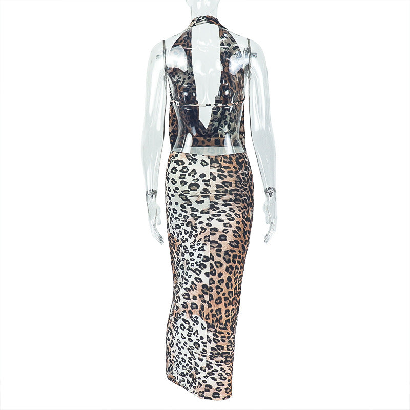 Women's Leopard Print Deep V-Neck Sleeveless Low Back Long Dress 8