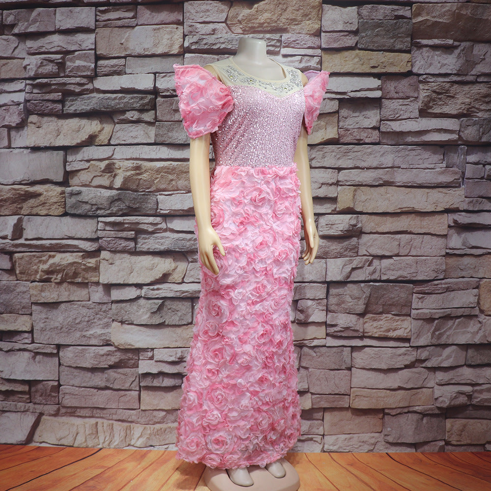 African Women's Dress Luxury Embroidery Off Shoulder Mesh Beaded Belted Evening Dress 13