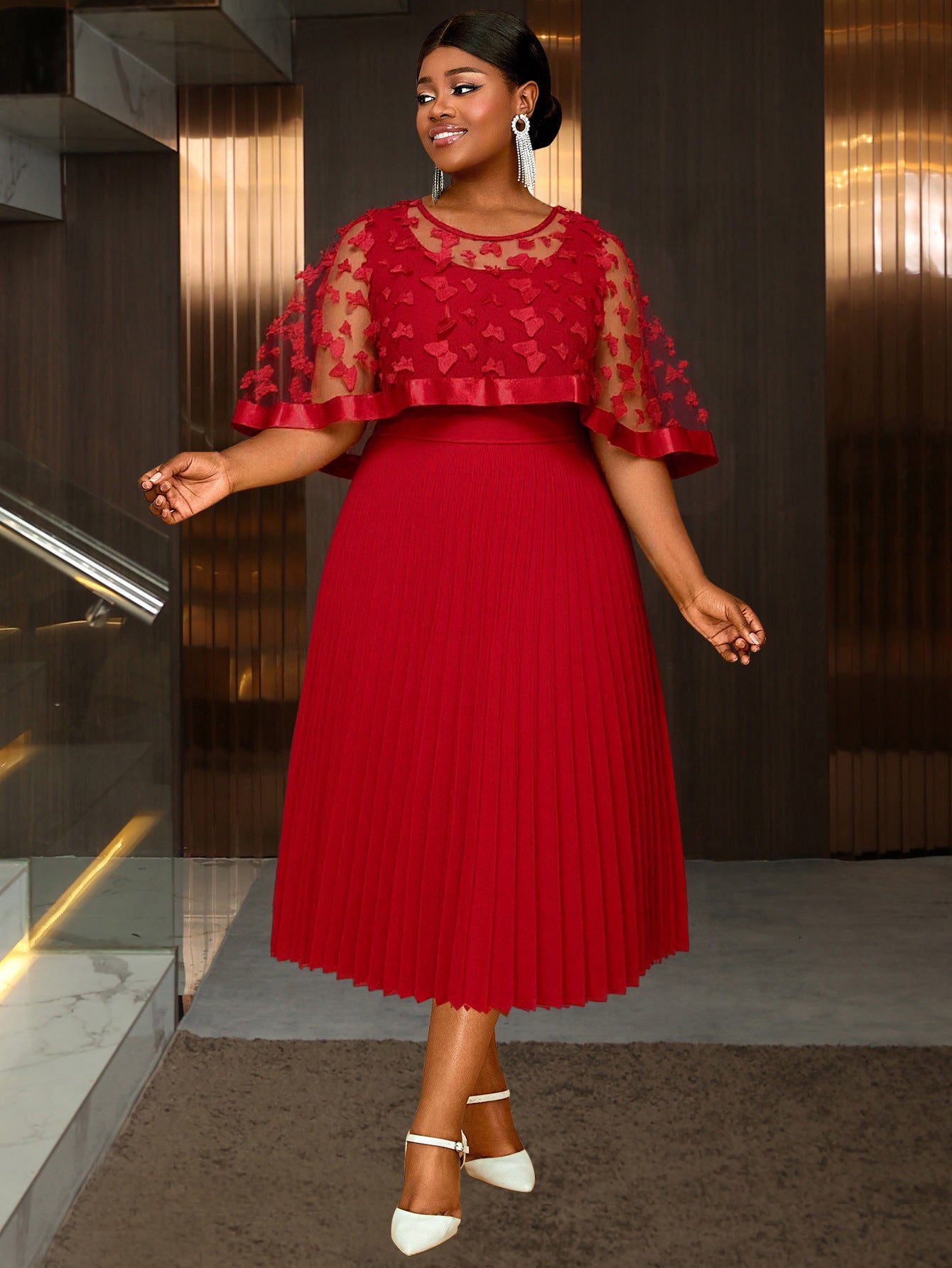 Plus-Size Women Red Patchwork Mesh Bow Shawl Pleated Dress 4