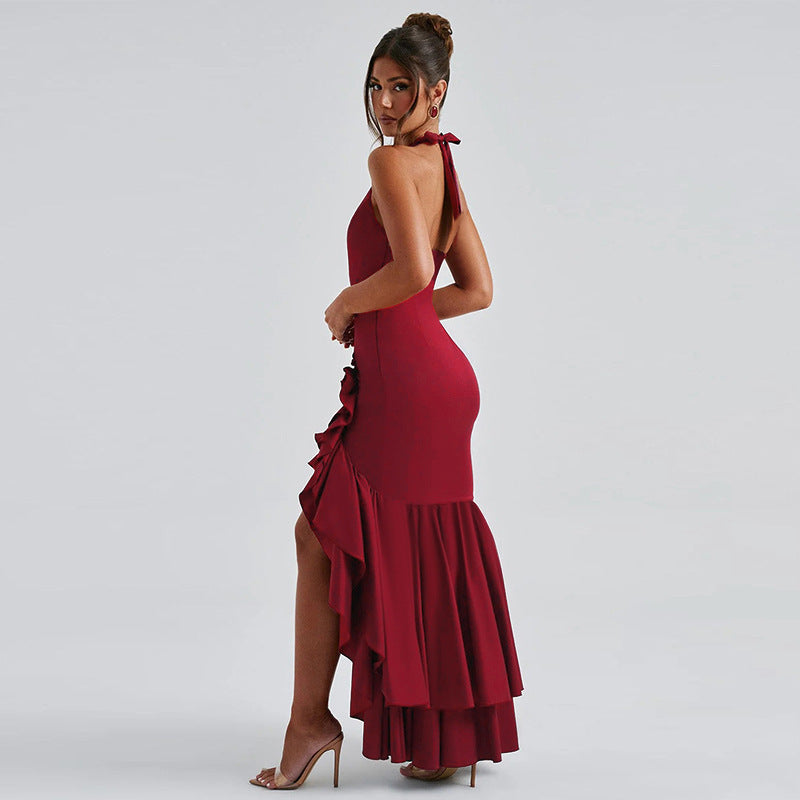 Women autumn sexy Halter Neck V Neck ruffle dress 8