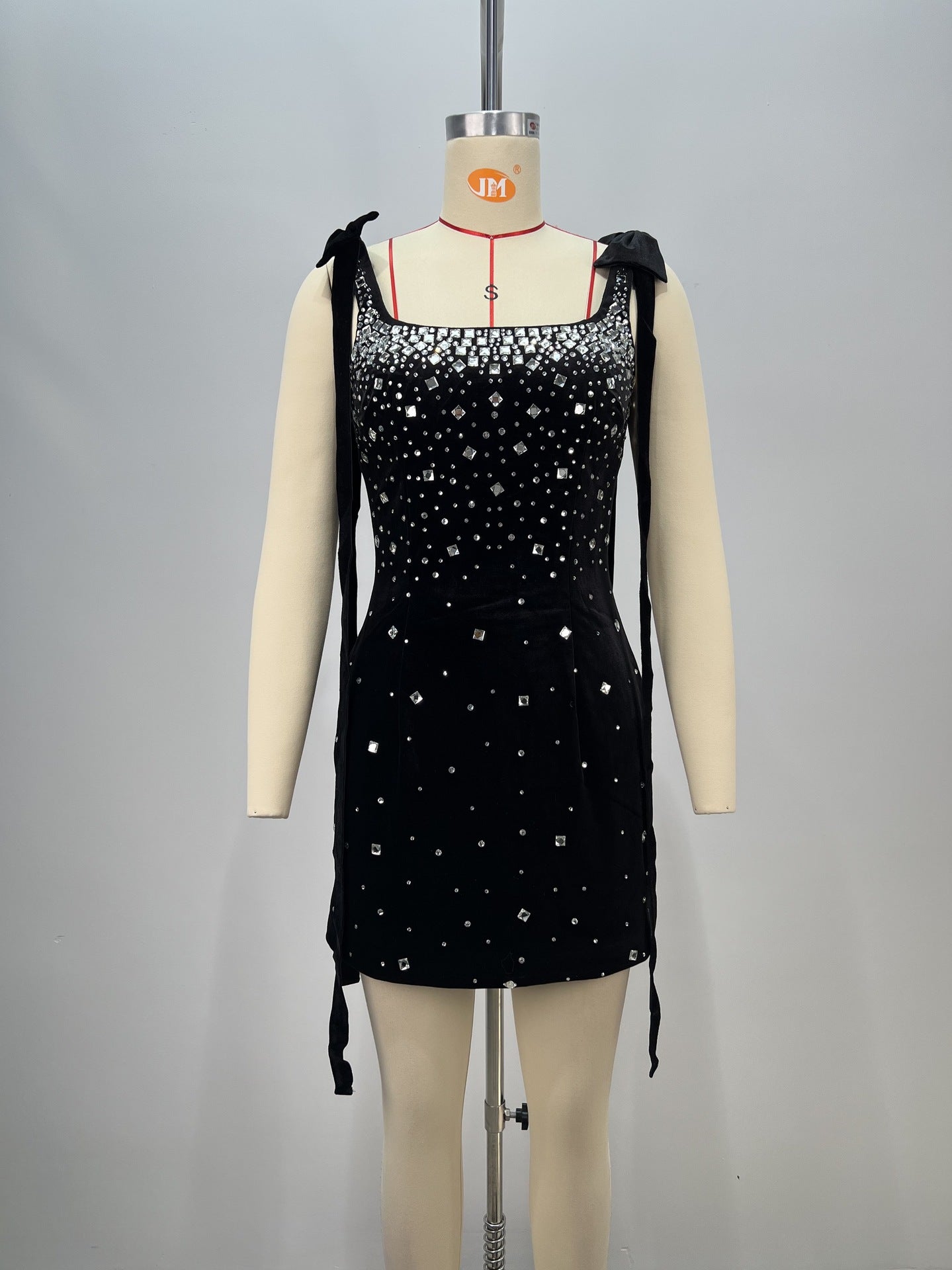 Women black suspender bow beaded beaded formal party bandage dress 3