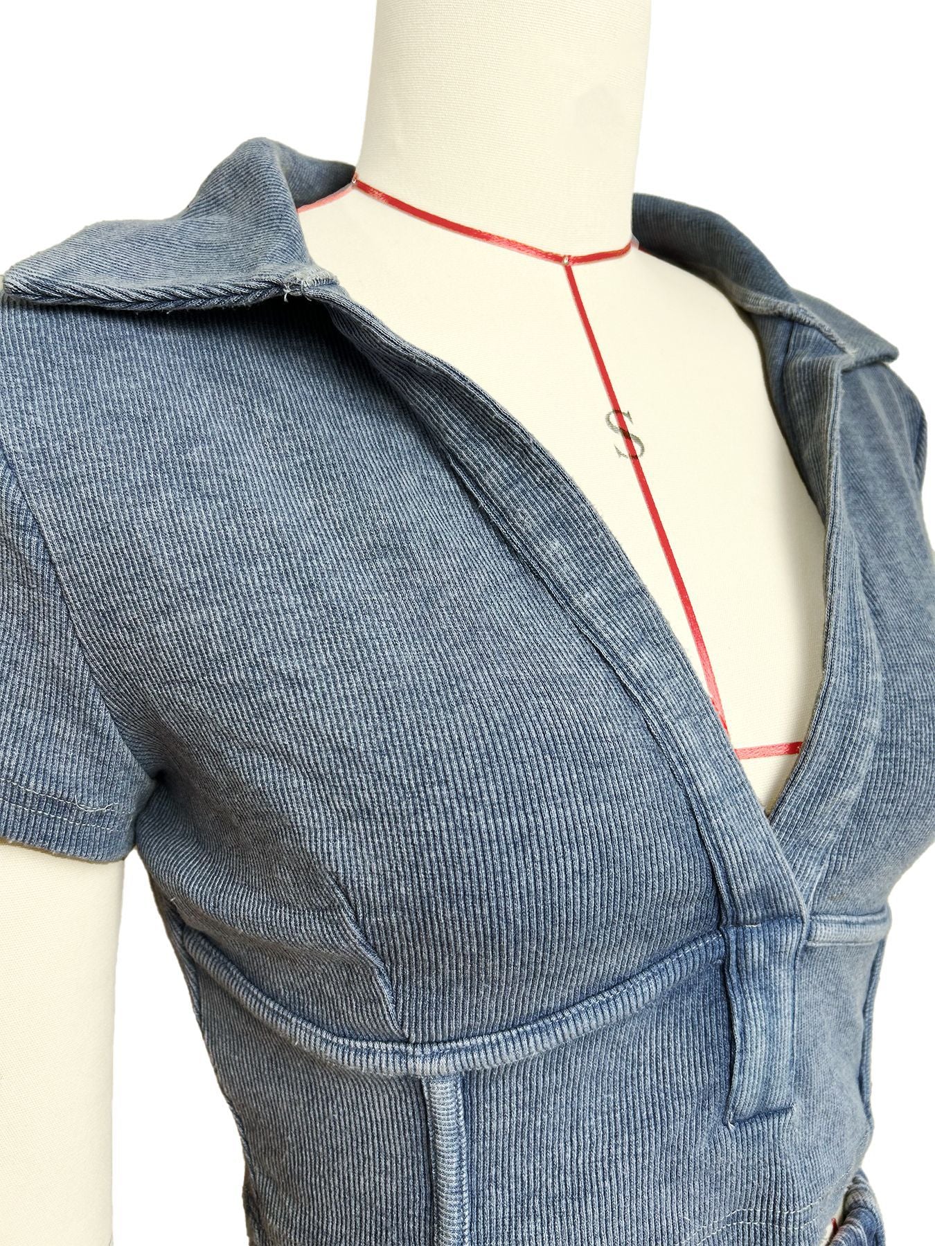 Women's Turndown Collar Deep V Short Sleeve Cotton Ribbed Top Shorts Two Piece Set 11